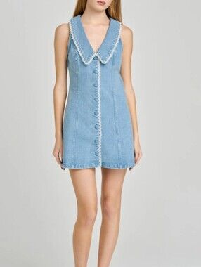 Wayf Light Blue Denim Mini Dress with White Trim